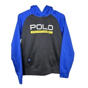Polo Ralph Lauren Performance Hoodie Blue Black Logo Pullover Youth L 14-16